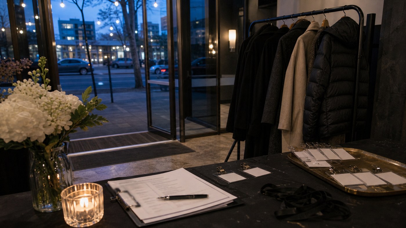 Venue entry table and coats at blue dusk before an evening event