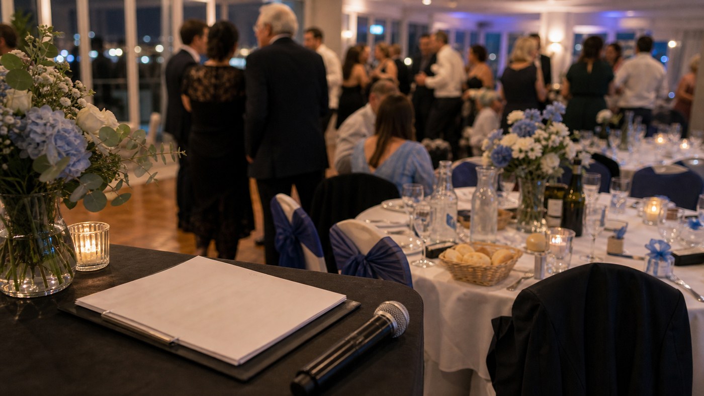 Greek wedding guests in conversation beside MC notes before dancing