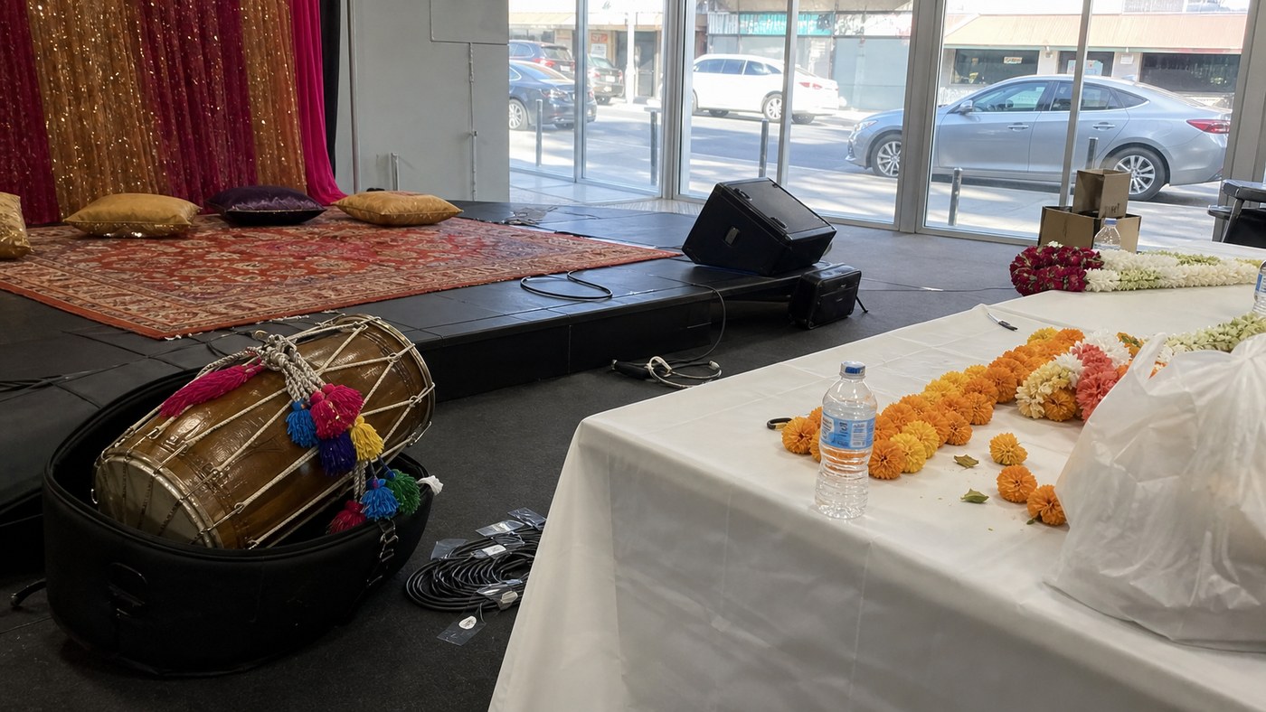 Dhol and marigold setup details before a Harris Park sangeet