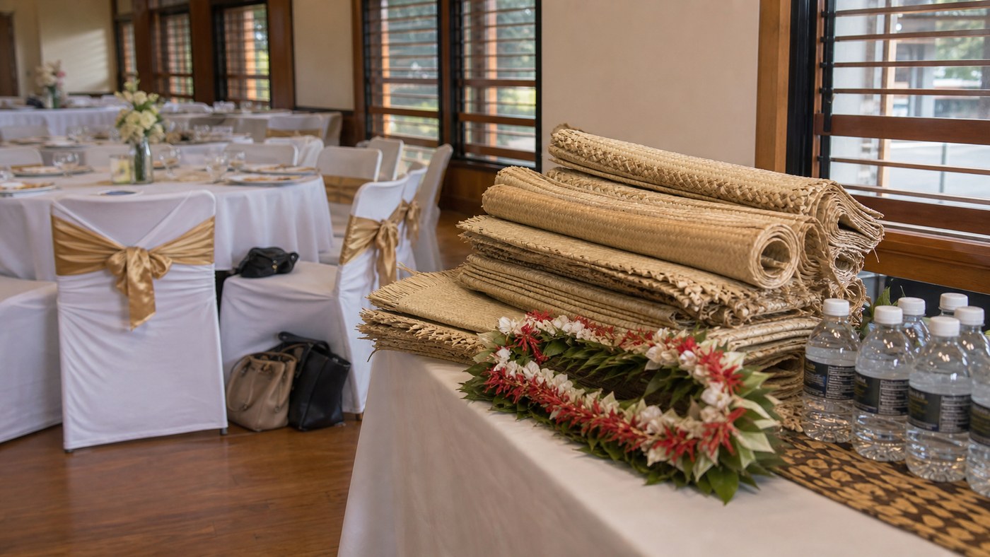 Woven mats and floral lei prepared before a Western Sydney Samoan wedding reception