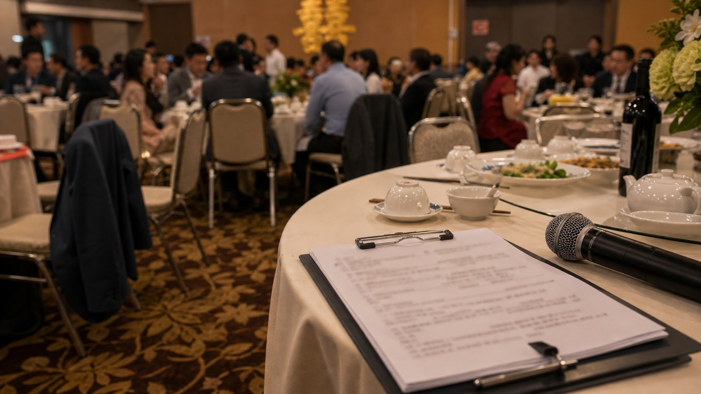Vietnamese wedding banquet with microphone and bilingual MC notes in the foreground