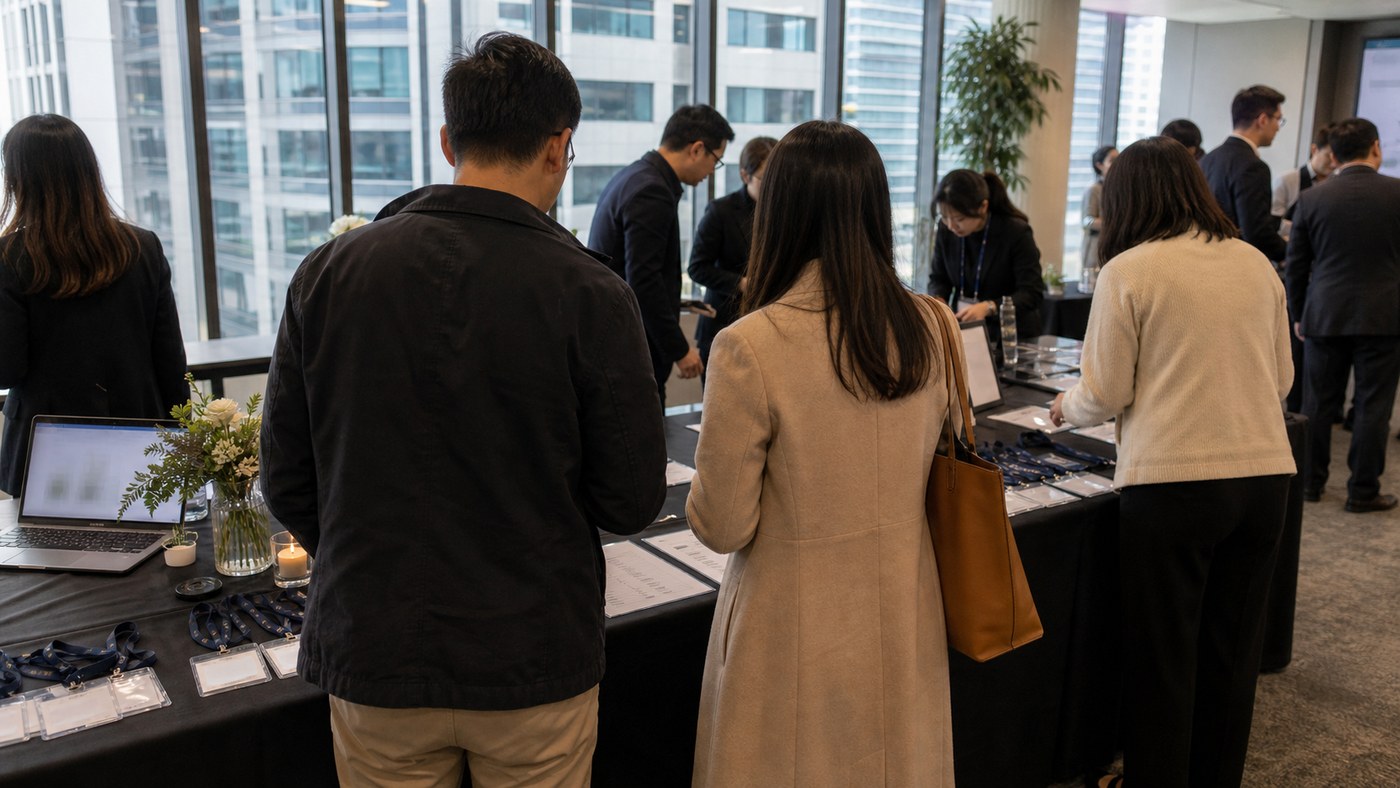 Chatswood tech EOFY registration table with staff and client guests arriving