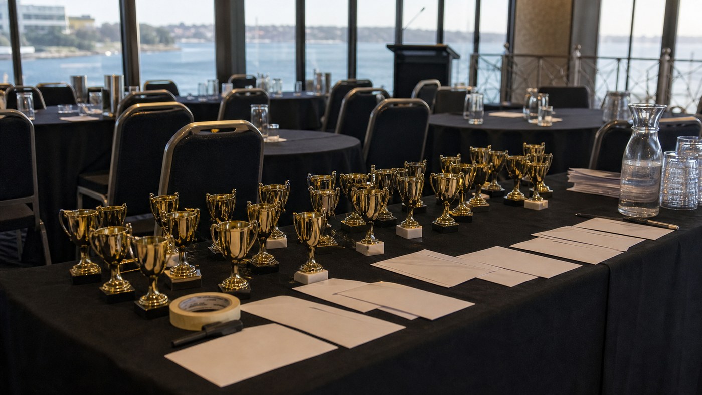 Awards trophies and envelopes lined up before an EOFY dinner