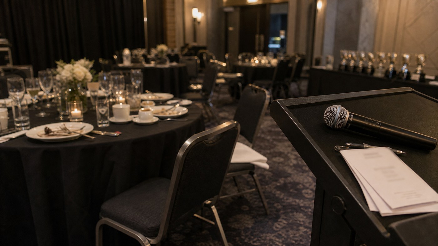 Lectern microphone and banquet tables later in an awards night