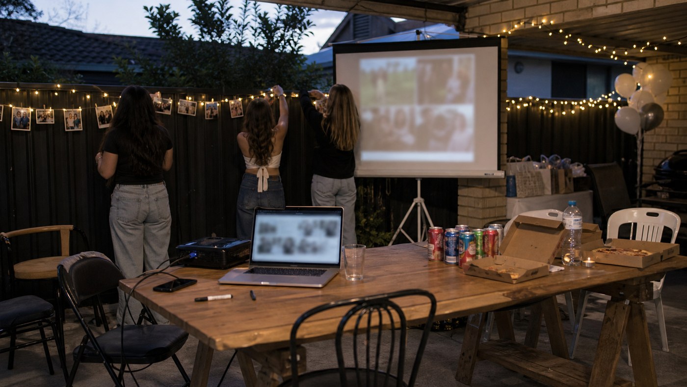 Friends setting up a casual Aussie 21st birthday slideshow at dusk