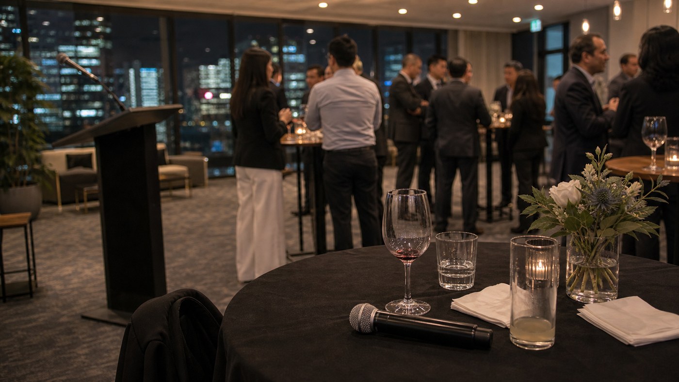 Coworkers returning to conversation after EOFY speeches with the microphone set aside