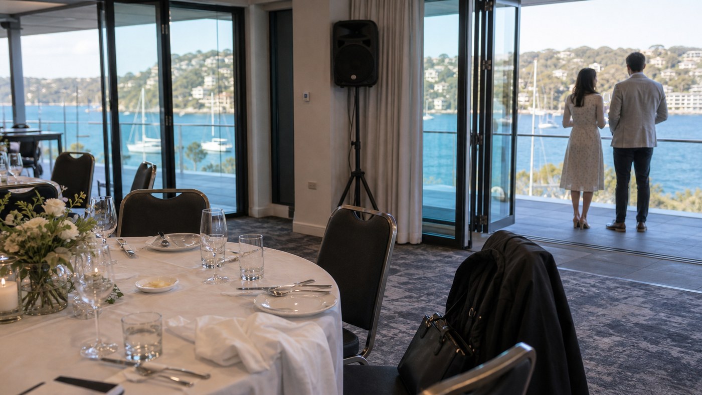 Waterfront event room with open glass doors and guests near the balcony