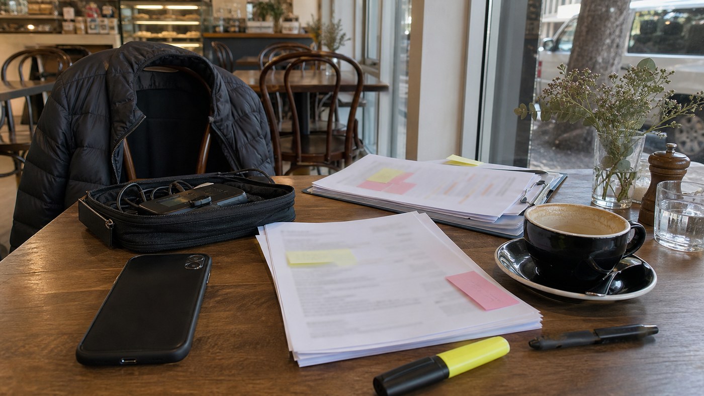 Run sheets and notes on a cafe table before an event