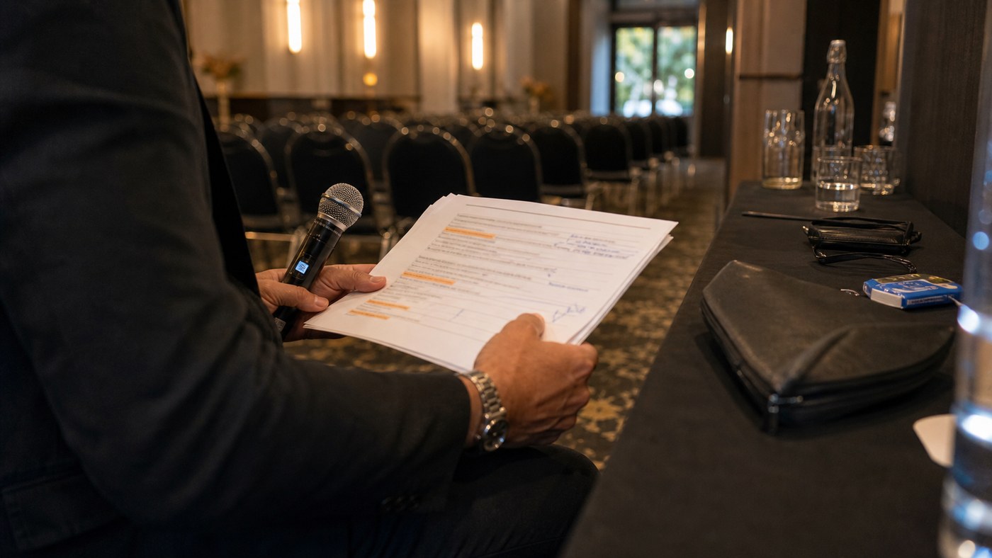 MC reviewing a run sheet beside an event room before guests arrive