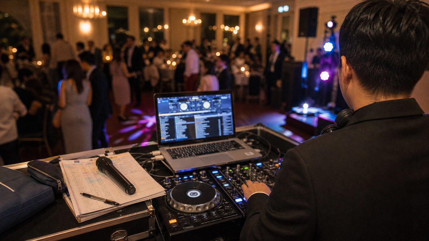 Evening wedding DJ booth with a microphone and cue cards competing for attention