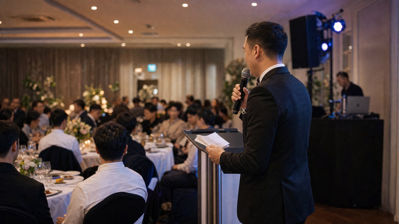 Wedding MC speaking from the side of the room while guests listen at round tables