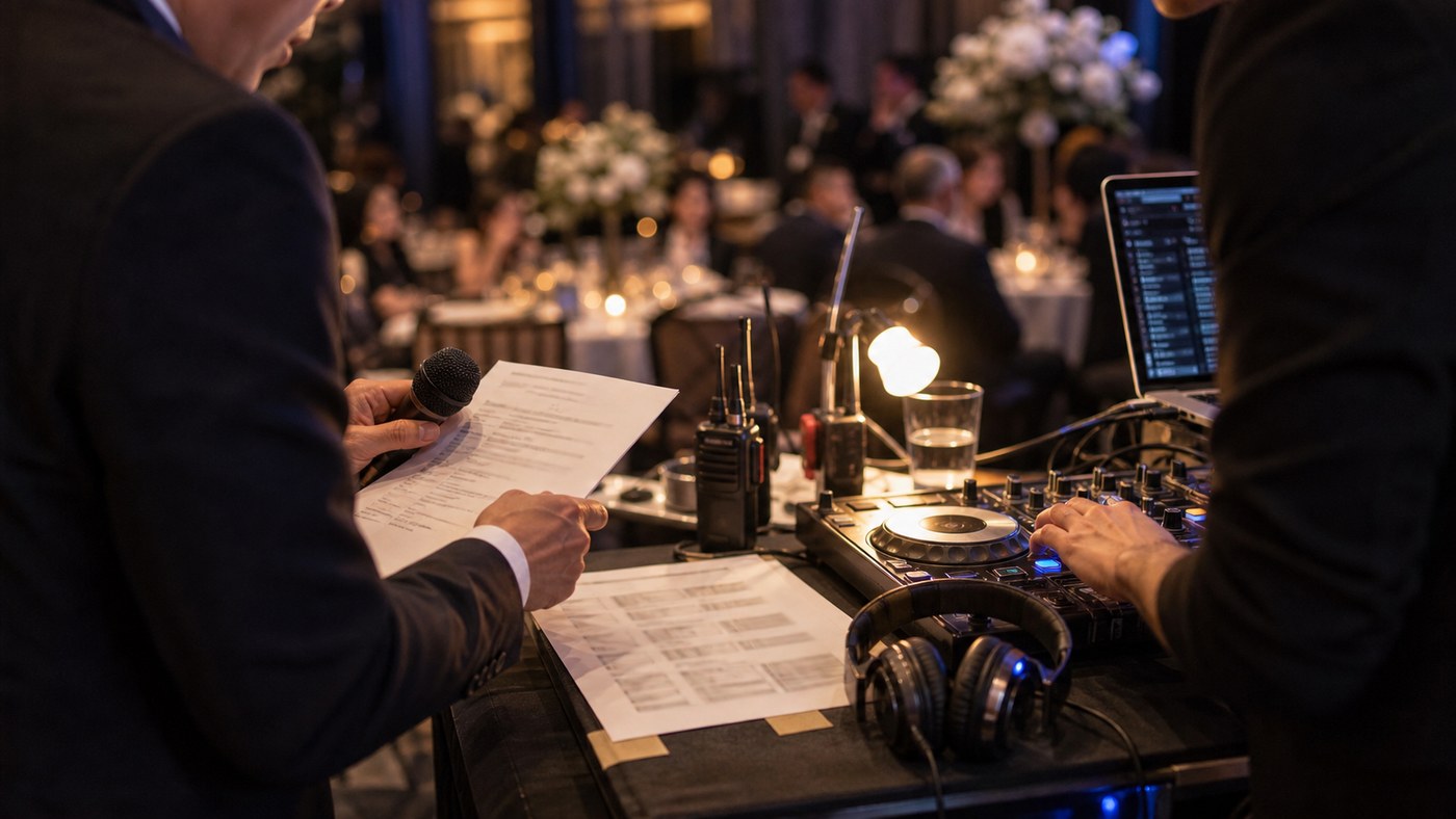 Close detail of reception run sheets, audio gear, radio, and microphone during event coordination