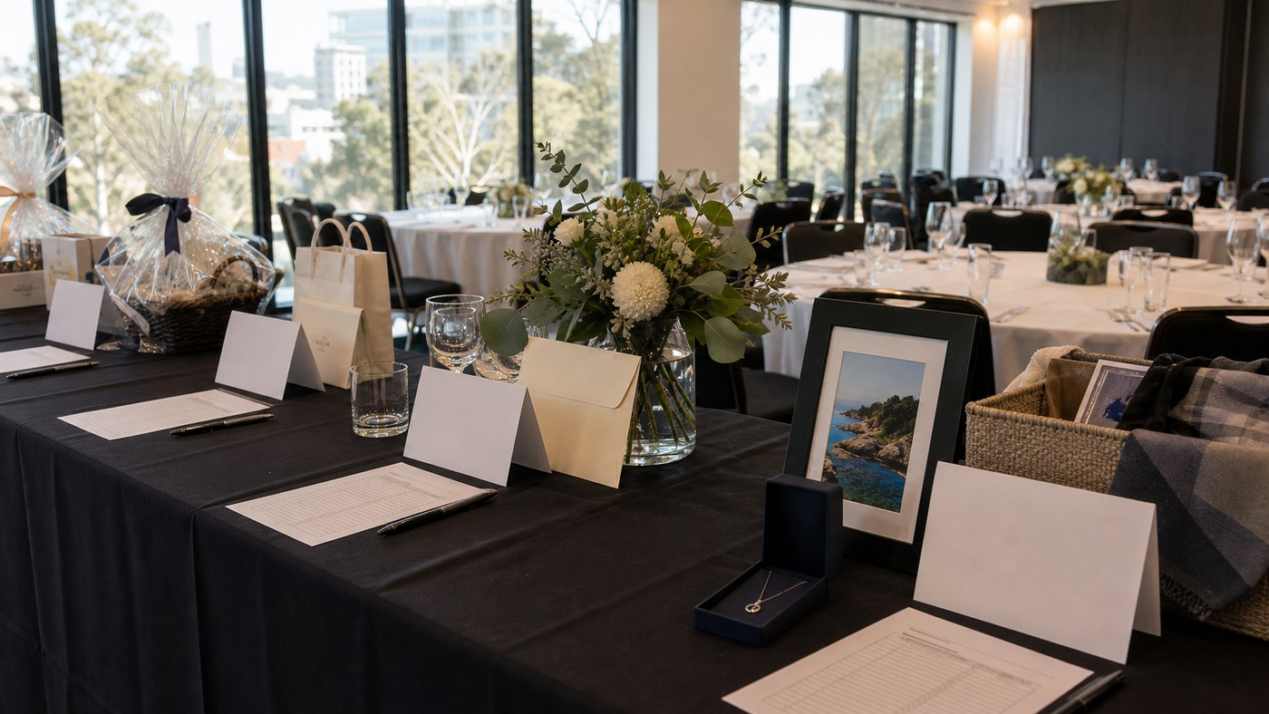 Silent auction and donation materials set before a charity gala