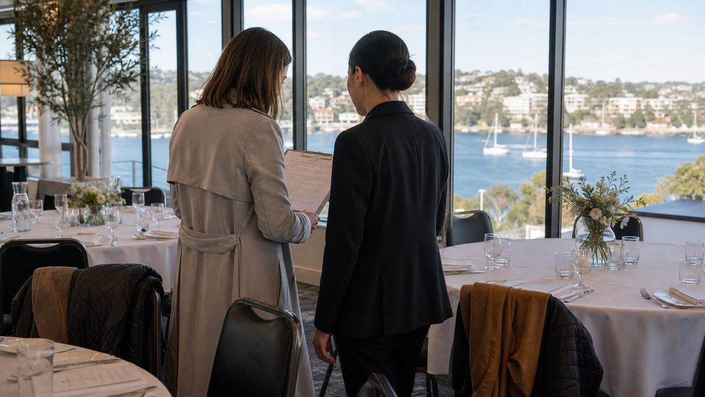 North Shore event briefing with coordinator and planner near harbour windows