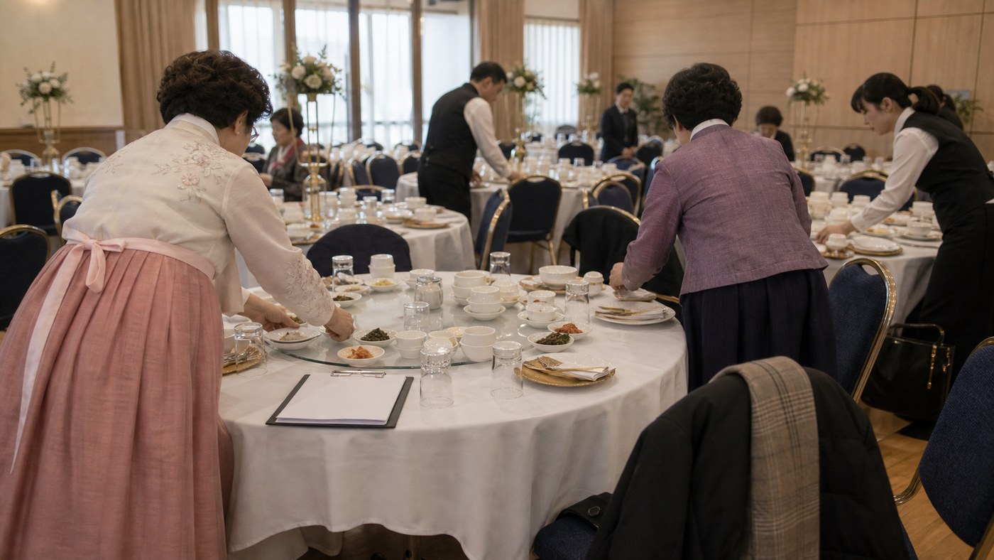 Strathfield Korean wedding banquet setup with relatives and venue staff arranging tables