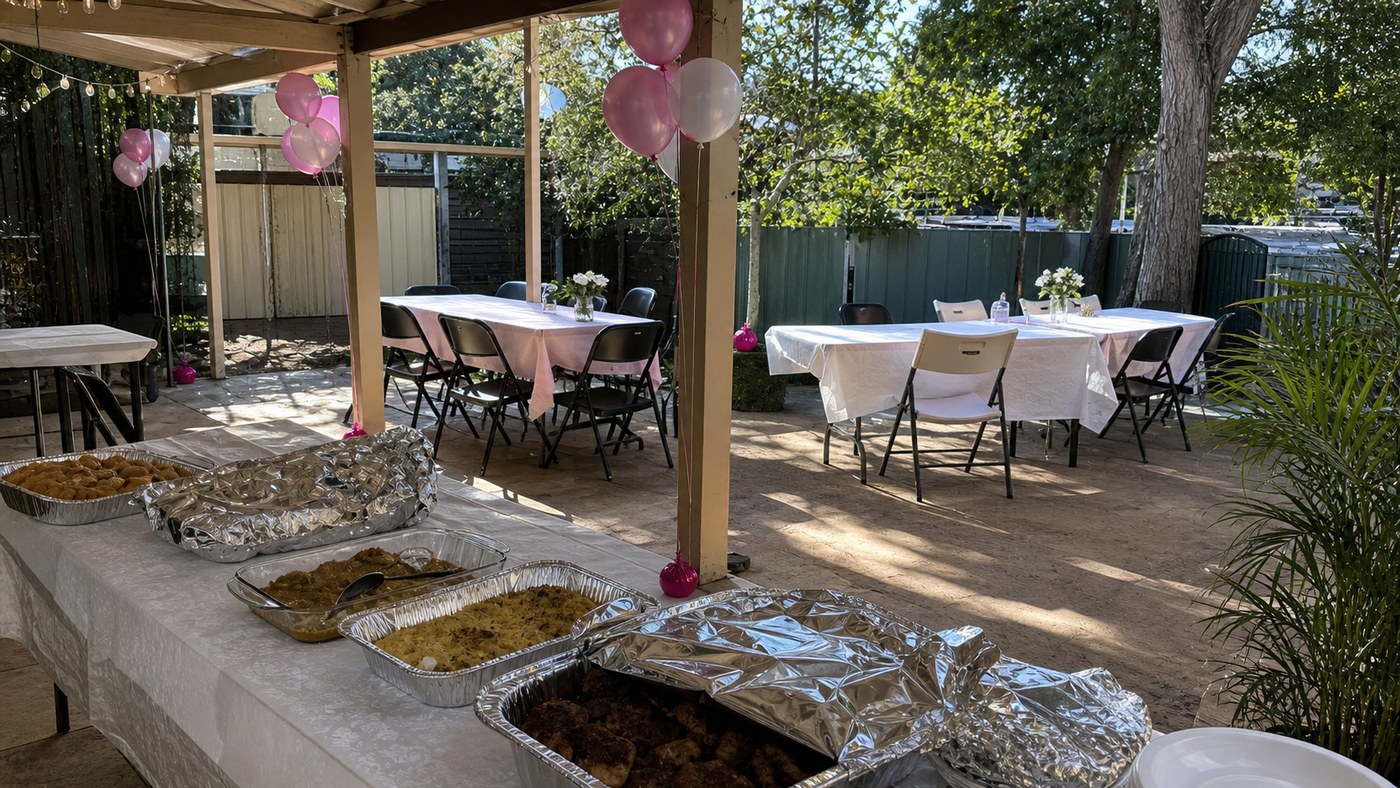 Daytime suburban engagement party setup with food trays and mixed chairs