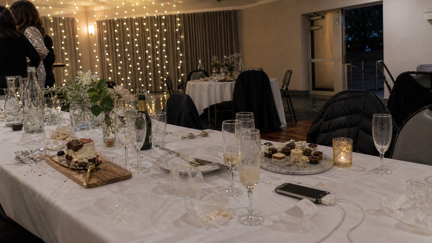 Night-time engagement party table after speeches and dessert