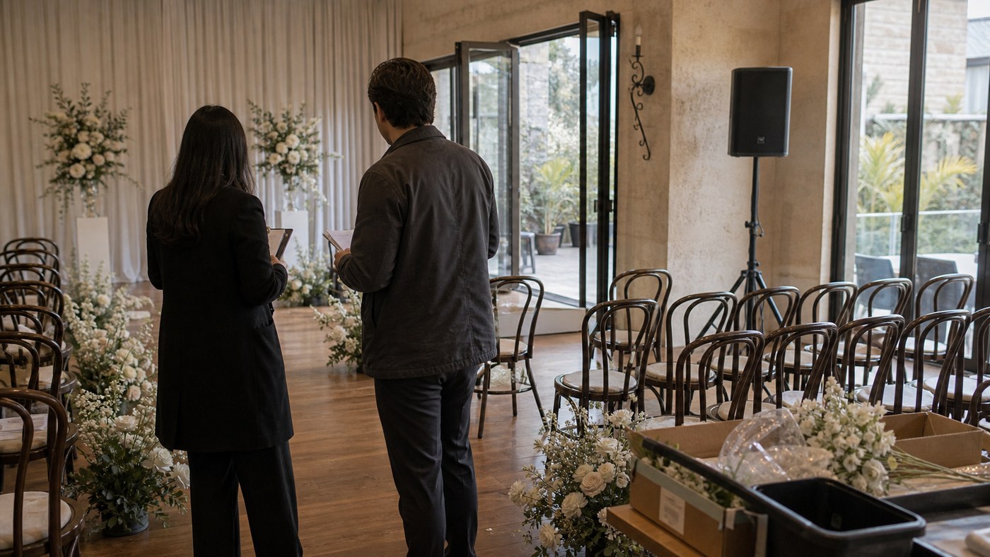 Wedding venue walkthrough with coordinator and MC checking room setup