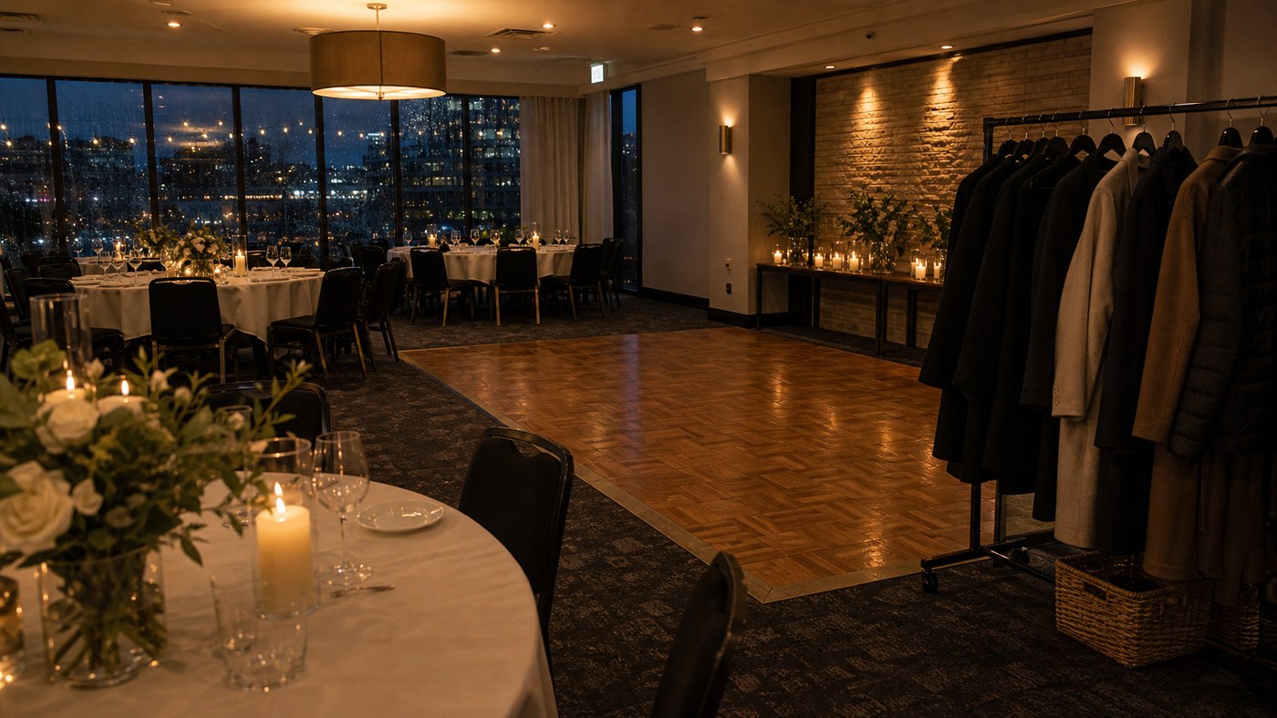 Early evening winter wedding reception room with coats by the dance floor