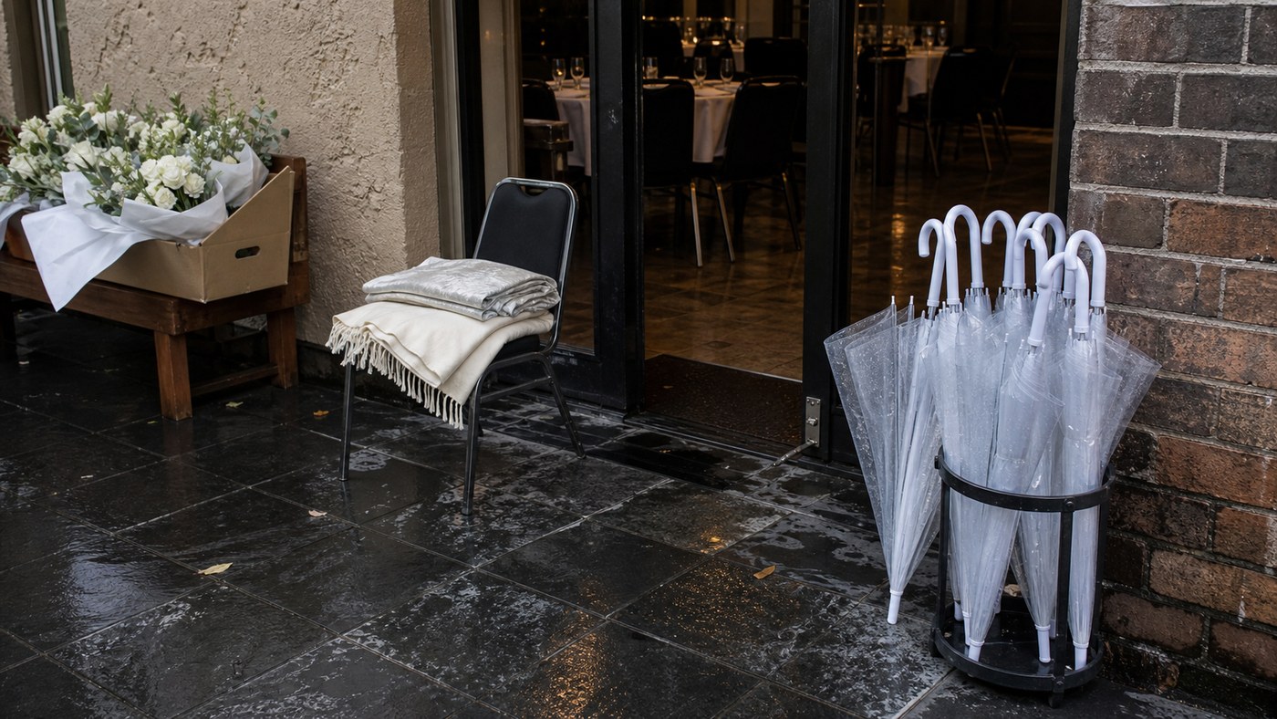 Clear umbrellas and shawls drying by a rainy winter wedding entrance