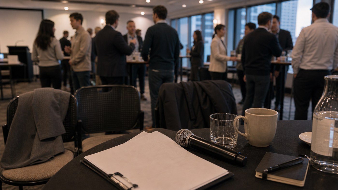 Coworkers mingling after a July FY kickoff with microphone and notes nearby