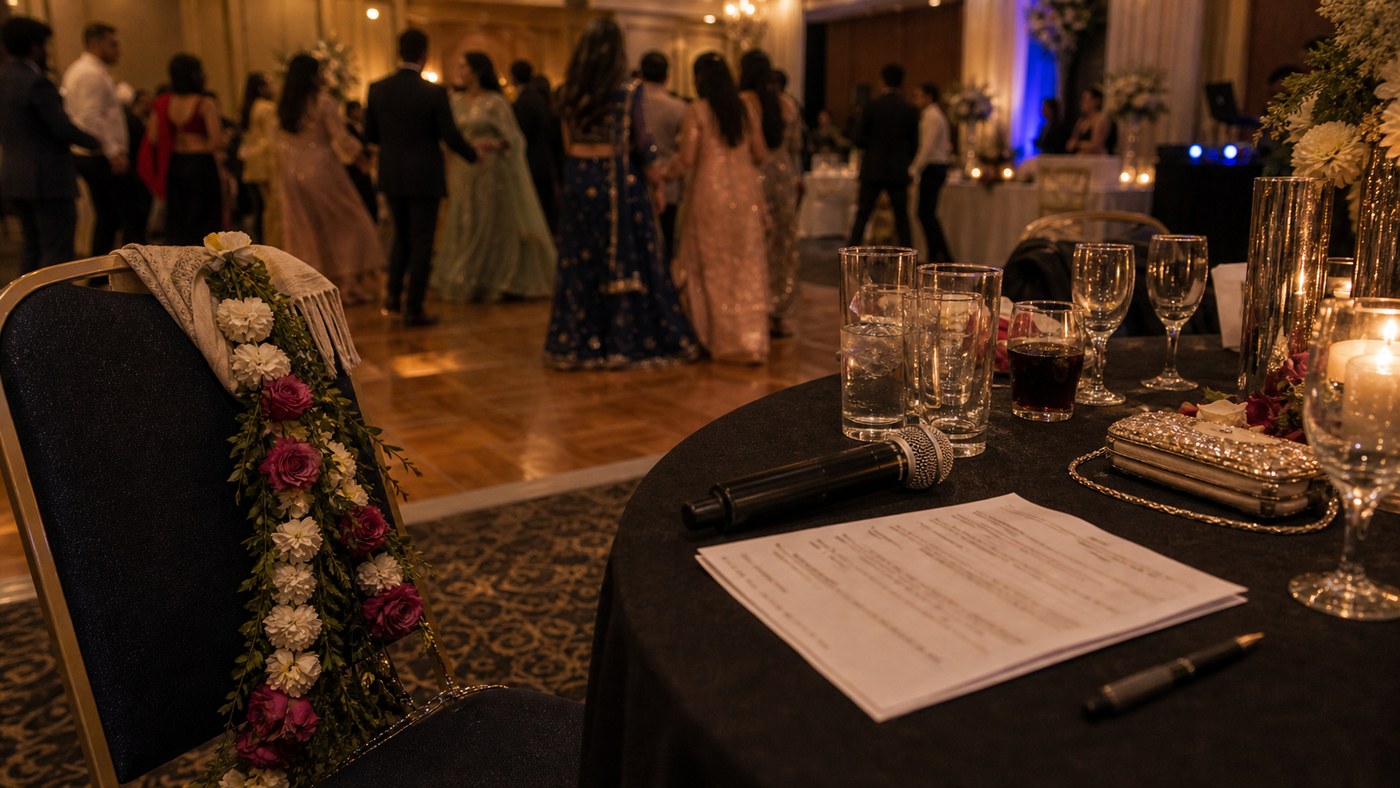 Late-night South Asian wedding reception with guests dancing beyond MC notes