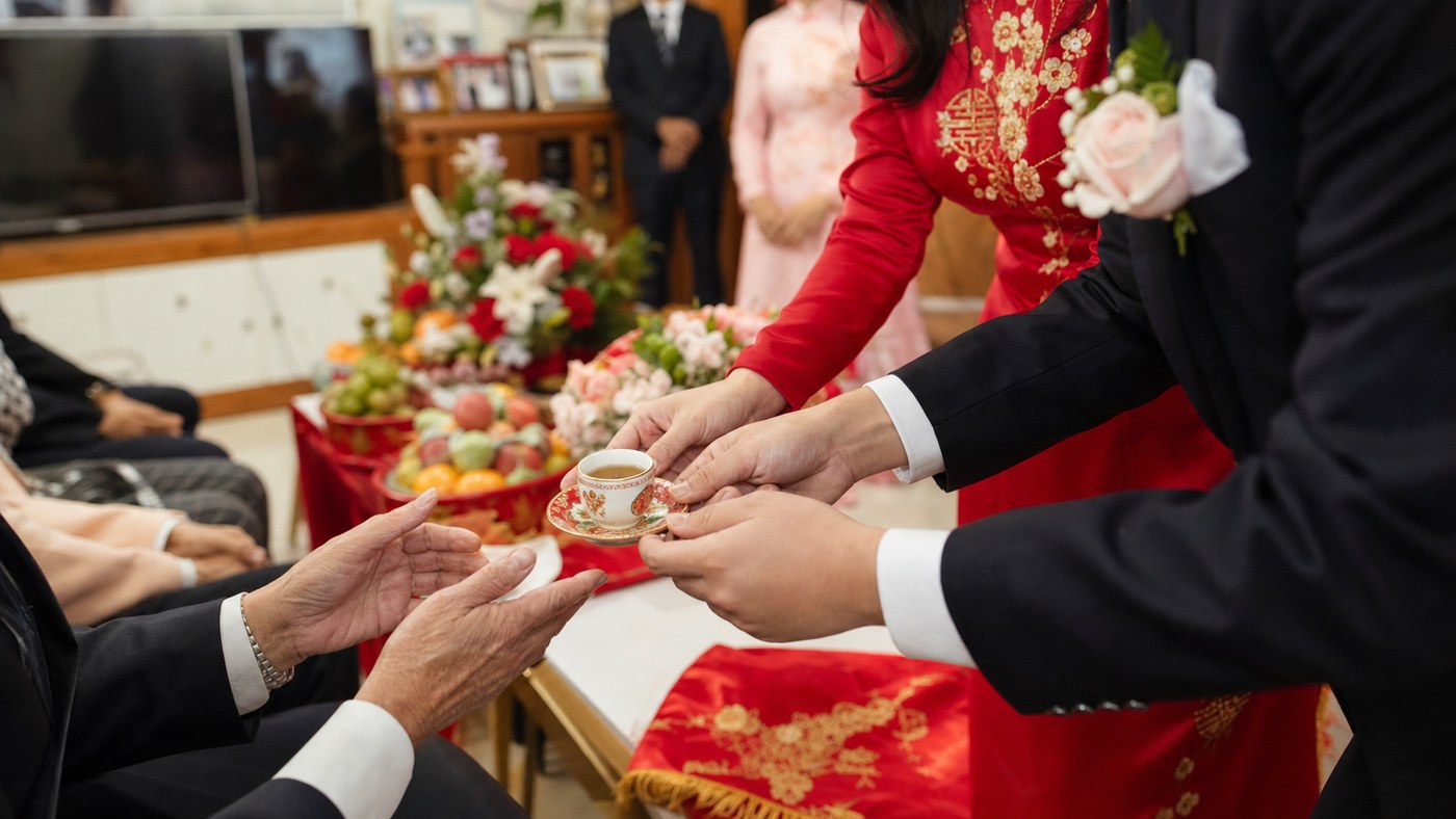 Daytime Vietnamese tea ceremony detail with hands presenting tea to elders