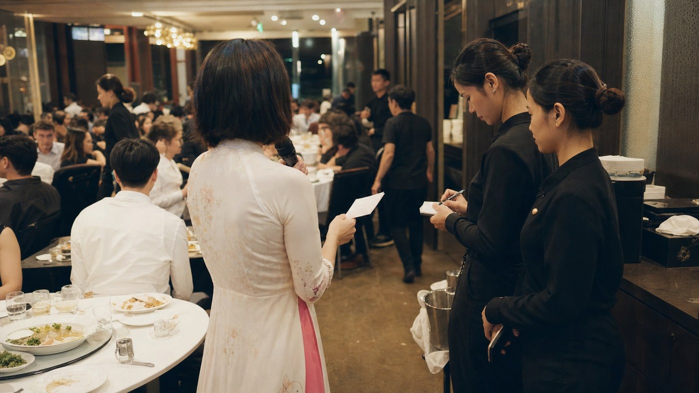 Evening Vietnamese wedding banquet with MC and serving staff coordinating timing